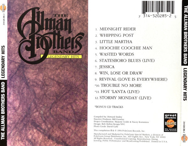 The Allman Brothers Band – Legendary Hits Classic Rock Used CDs for Sale 1994