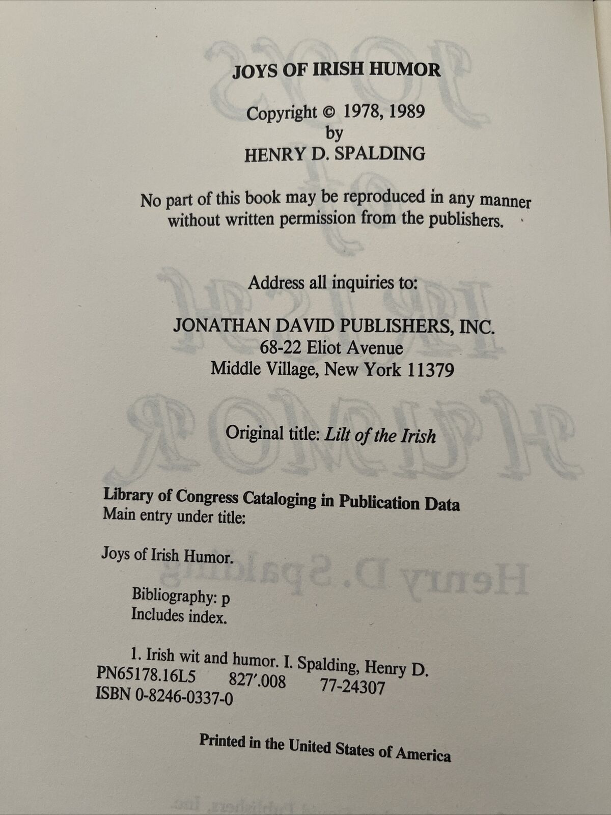 Joys of Irish Humor by Henry D. Spalding (1989, Hardcover)