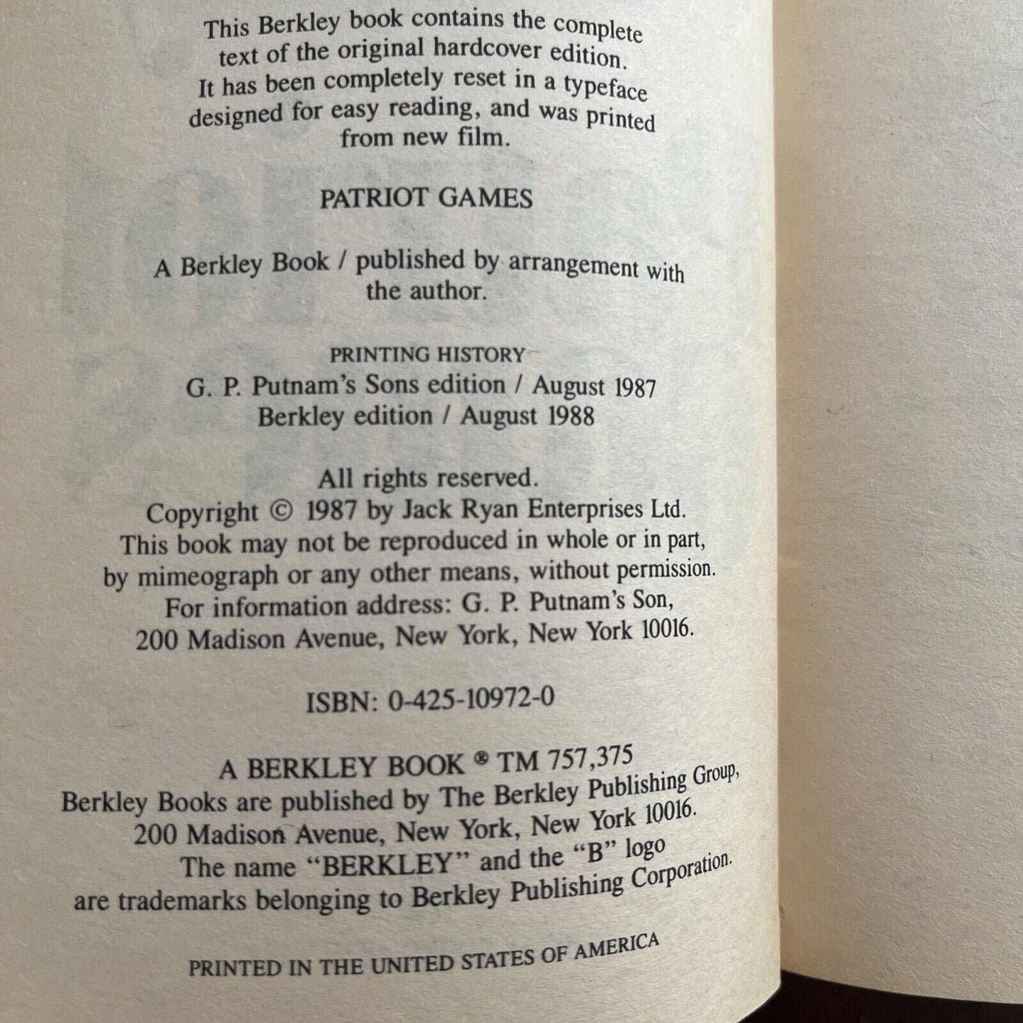Vintage Collectable Book Patriot Games by Tom Clancy