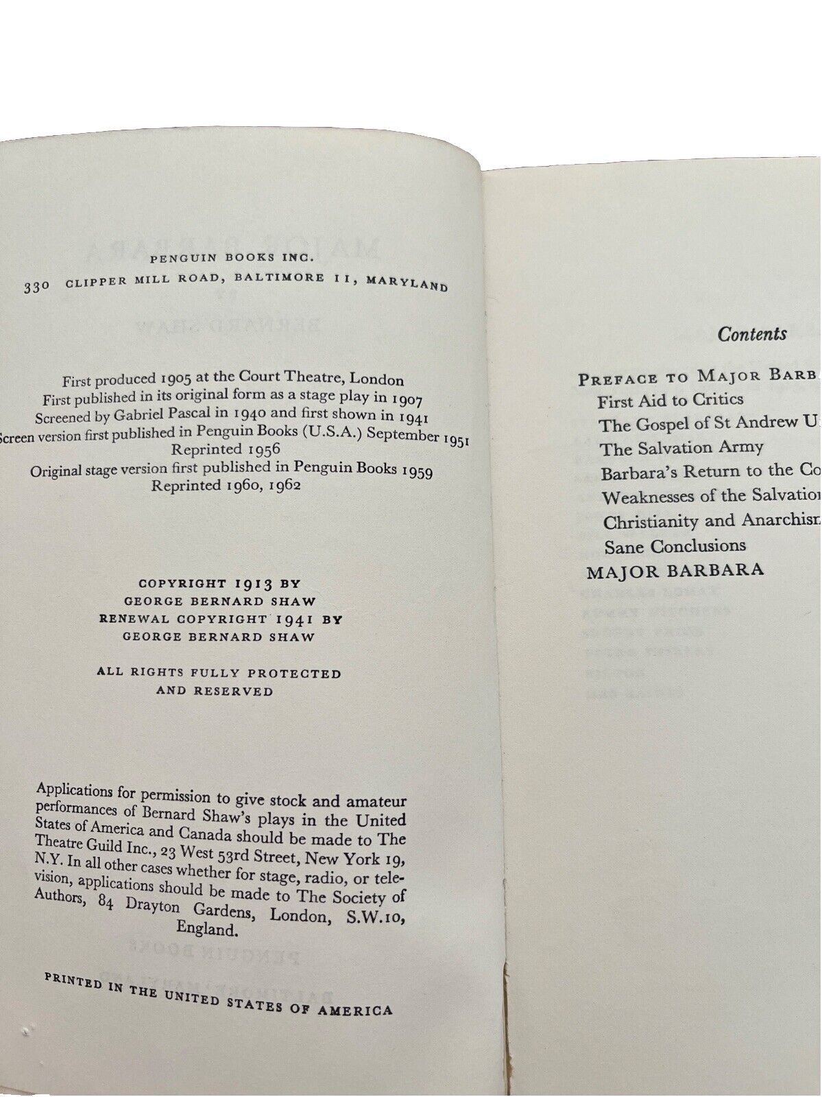 Major Barbara By Bernard Shaw Classic Vintage Collectable Book