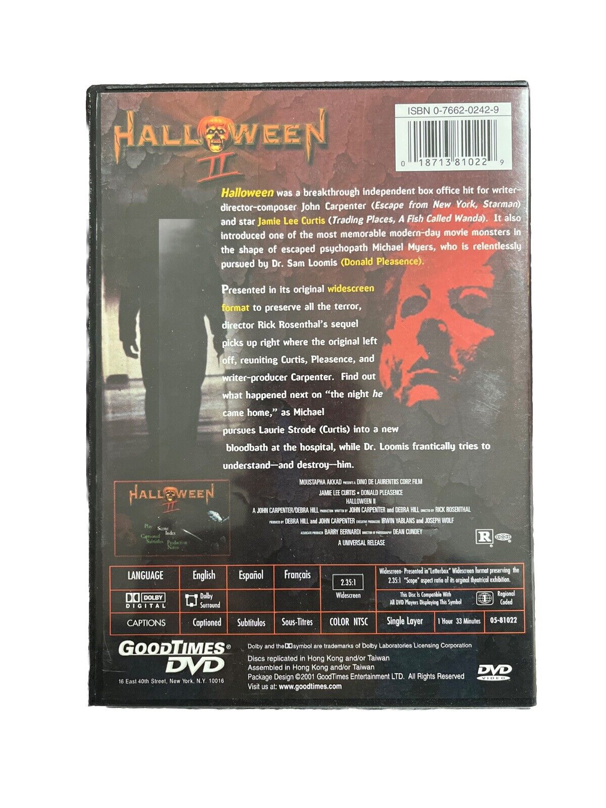 Classic Collectable Horror Movie Halloween II DVD Jamie Lee Curtis Rated R 1998