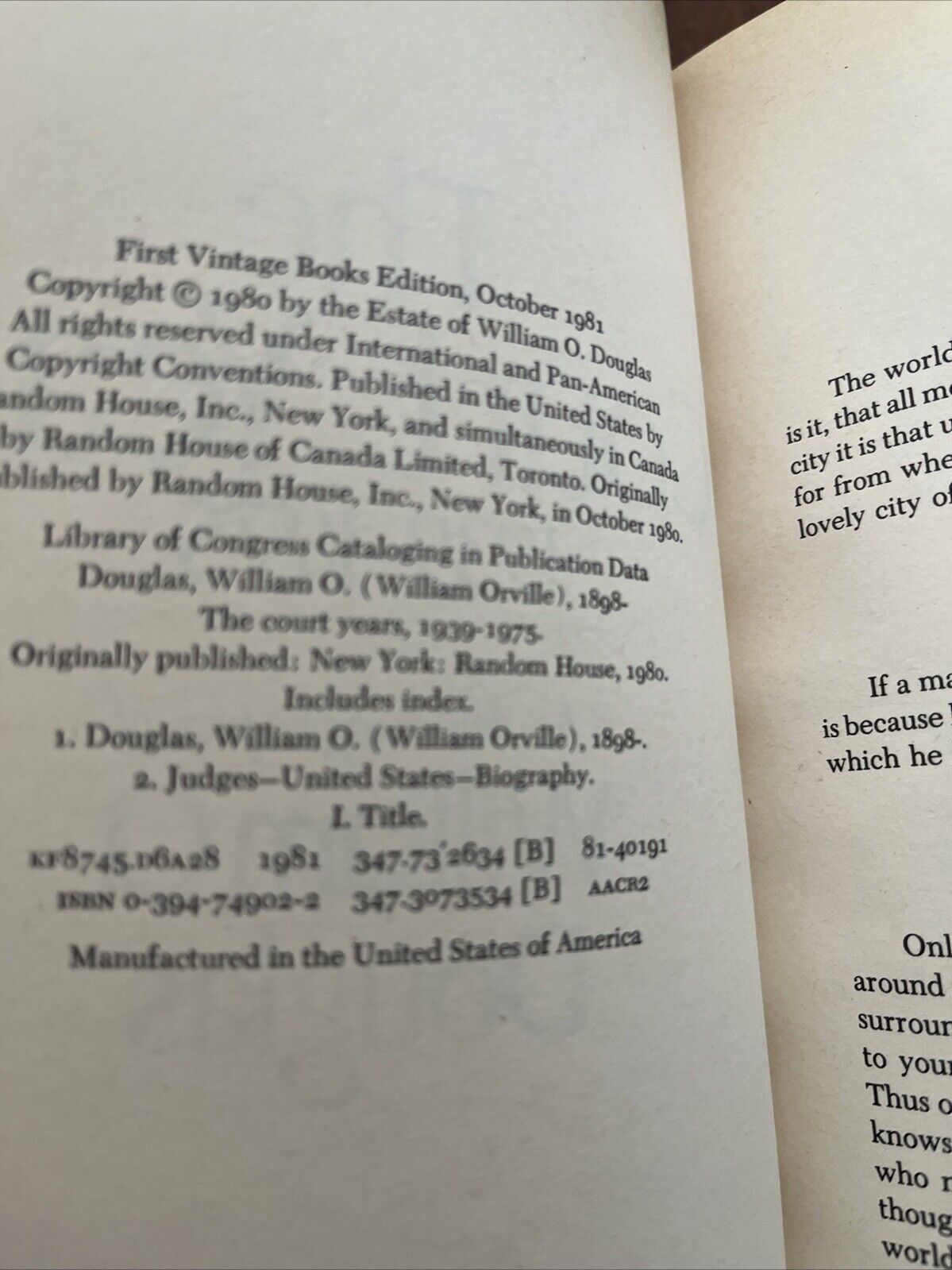THE COURT YEARS 1939-1975 By The Autobiography Of William O. Douglas 1980