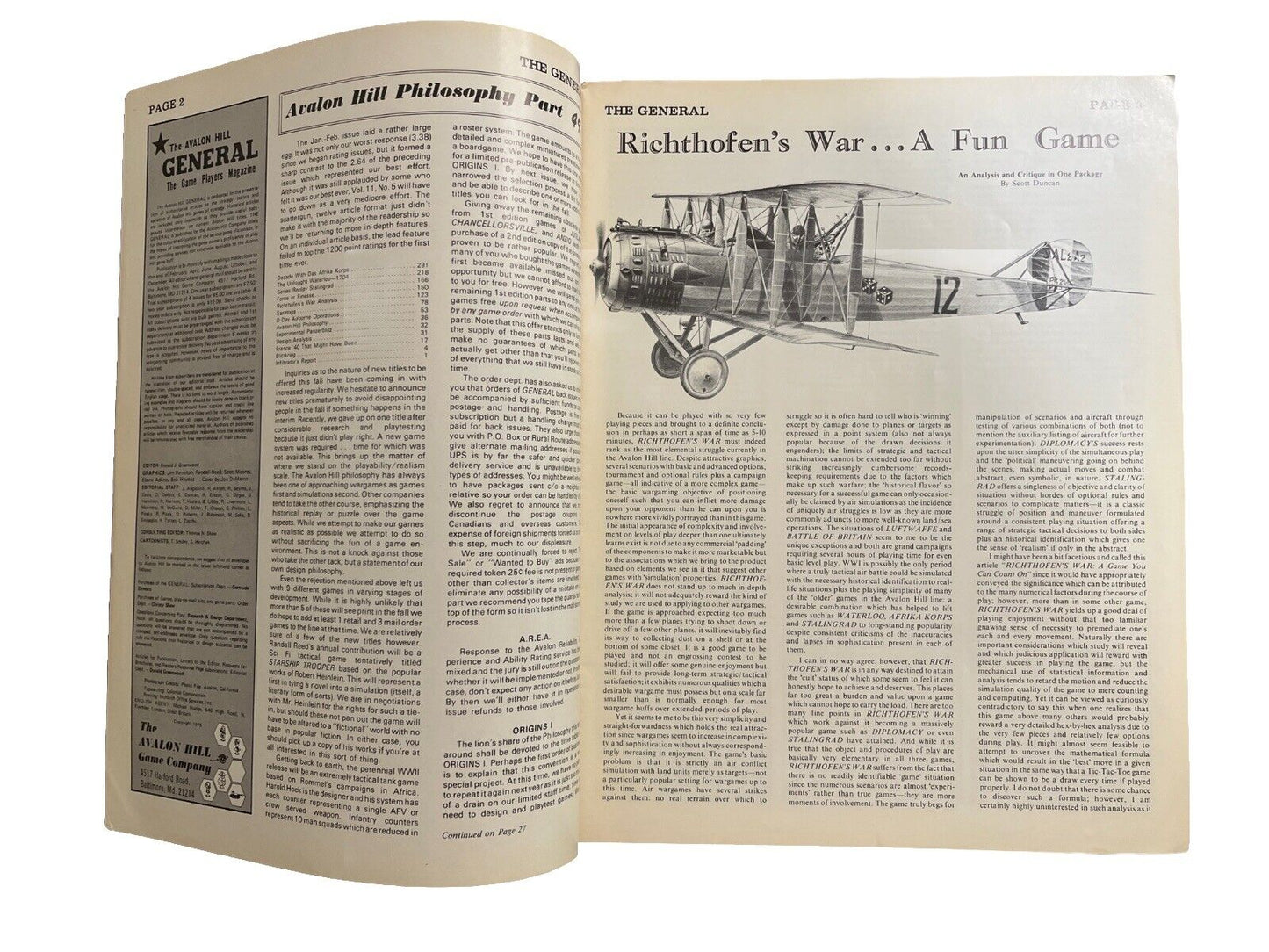 Avalon Hil General Antique Collectable Game Magazine Vol. 11 #6 Richthofen's War