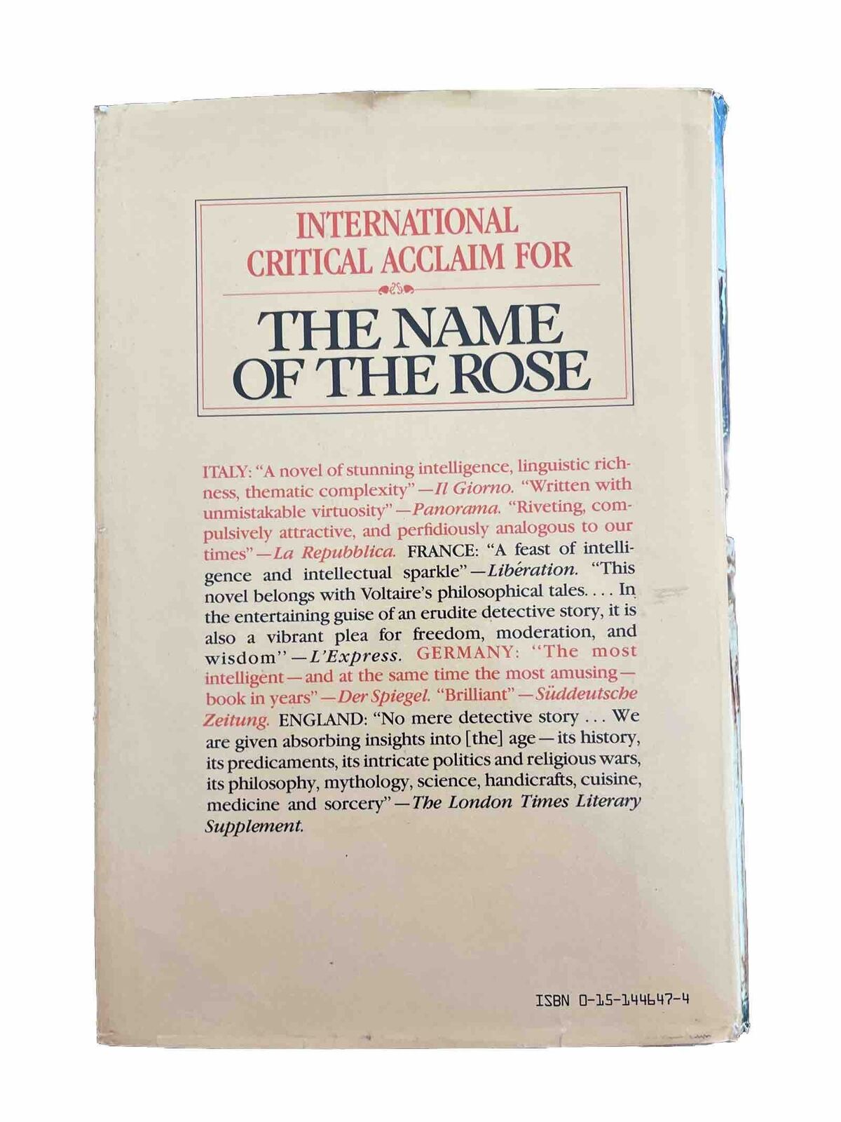 Umberto Eco, The Name of the Rose, hardcover (1983)