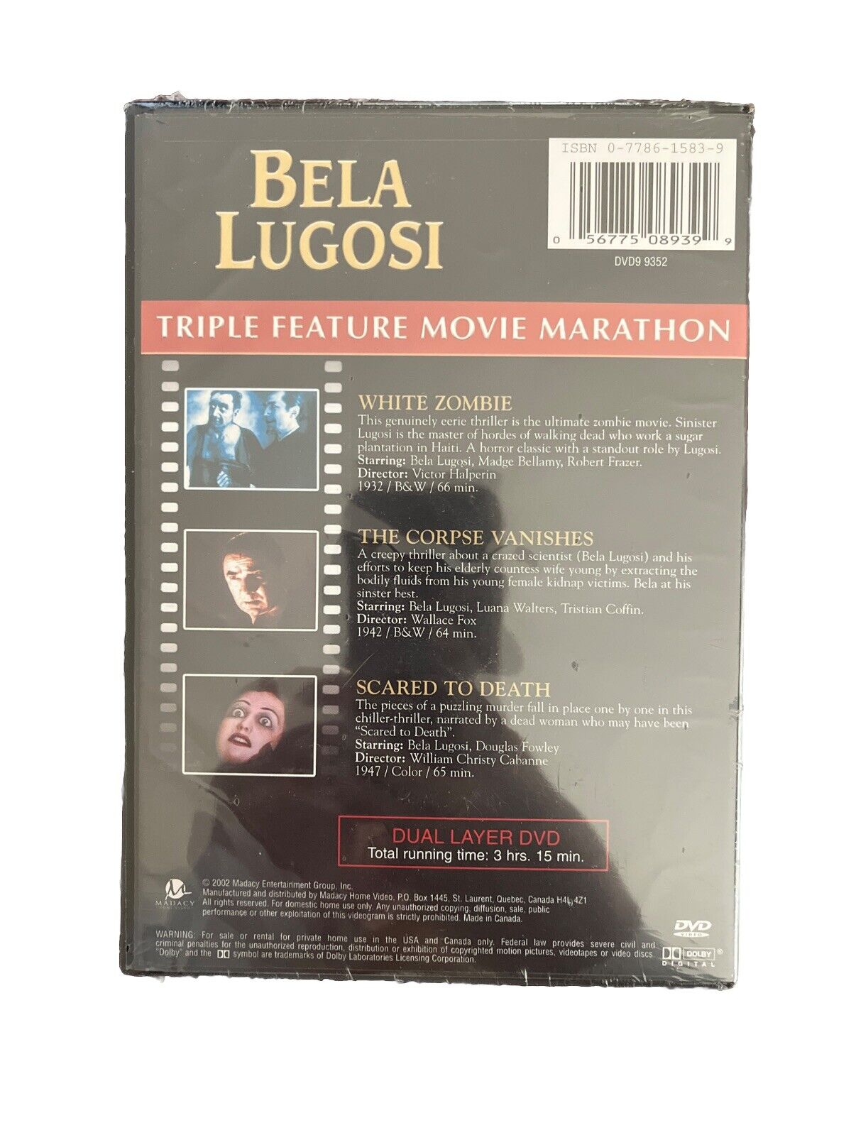 Bela Lugosi DVD Triple Movie: White Zombie, The Corpse Vanishes, Scared to Death