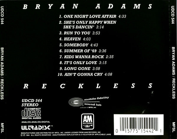 Bryan Adams – Reckless Used CD Pop Rock 1991 Japan