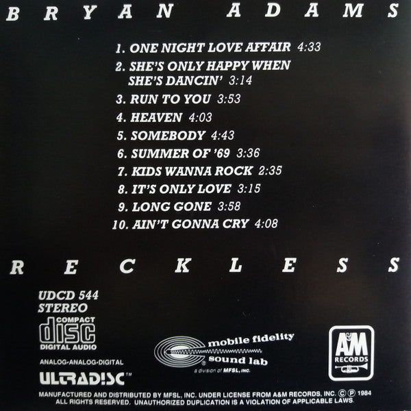 Bryan Adams – Reckless Used CD Pop Rock 1991 Japan