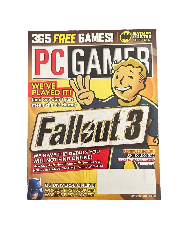 September 2008 #178 PC GAMER Antique Video Game Magazine - Fallout 3 - Demo Disc