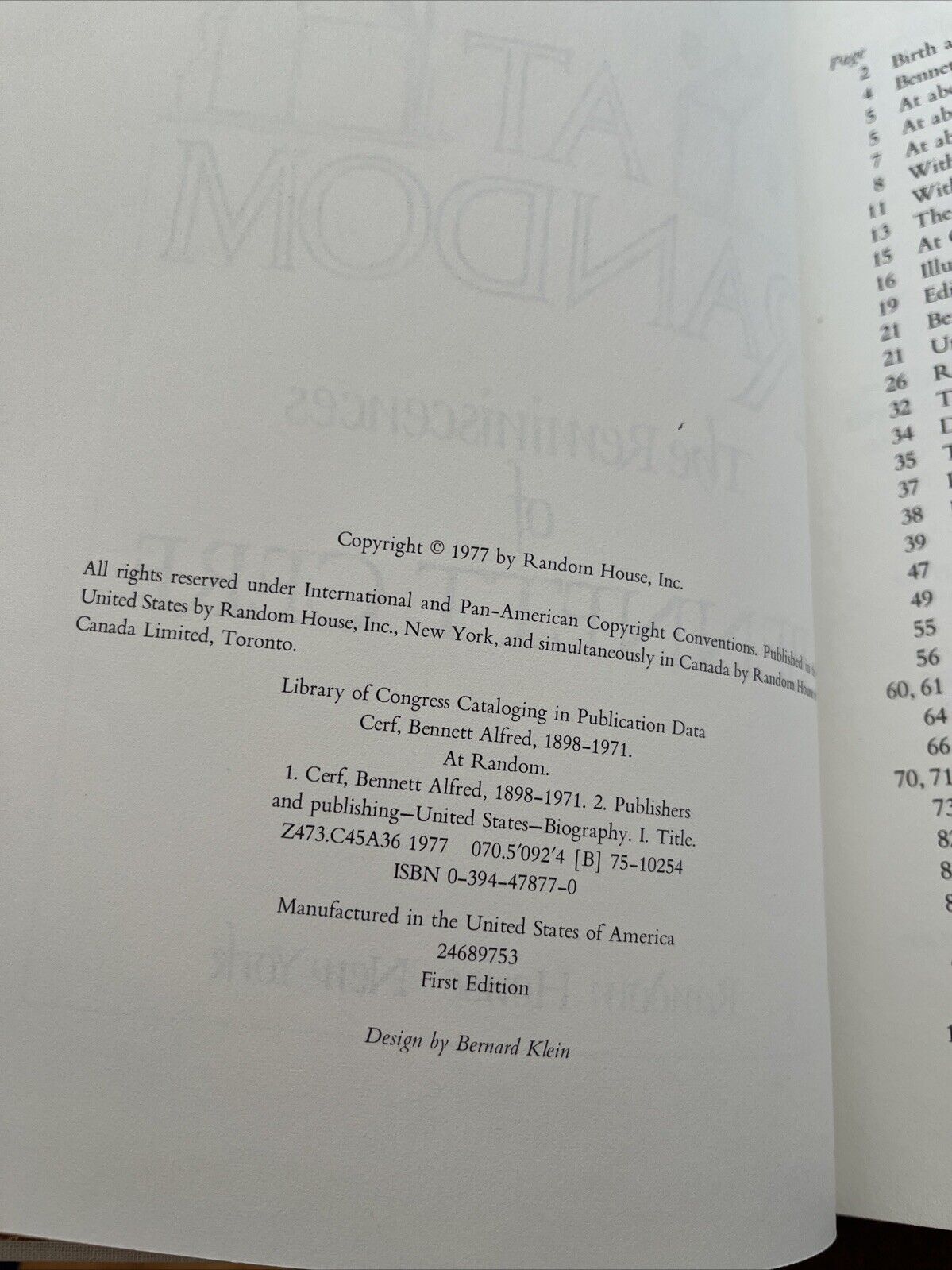 Collectable Book AT RANDOM The Reminiscences Of Bennett Cerf by Random House 1st