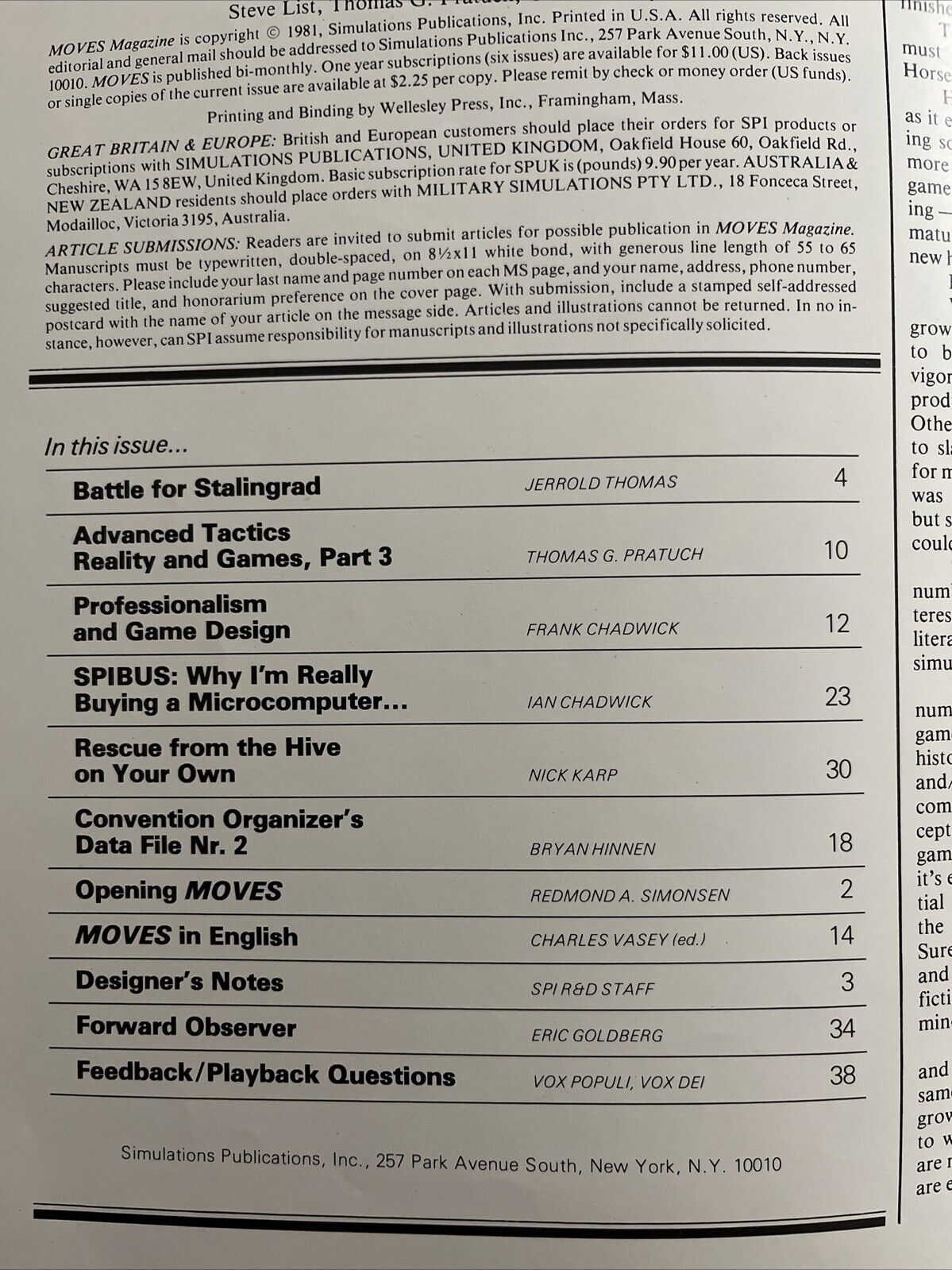 Vintage SPI MOVES Magazine #56 April - May 1981 Tabletop RPG Wargames