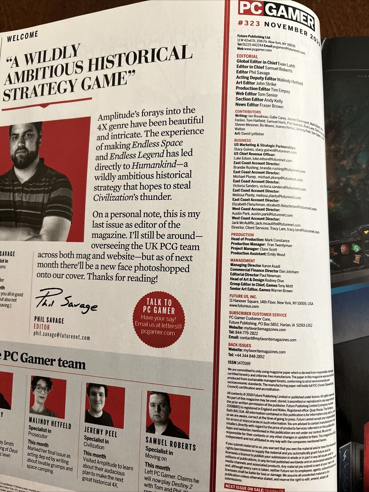 PC Gamer Video Game Computer Game Magazine #323 Humankind November 2019