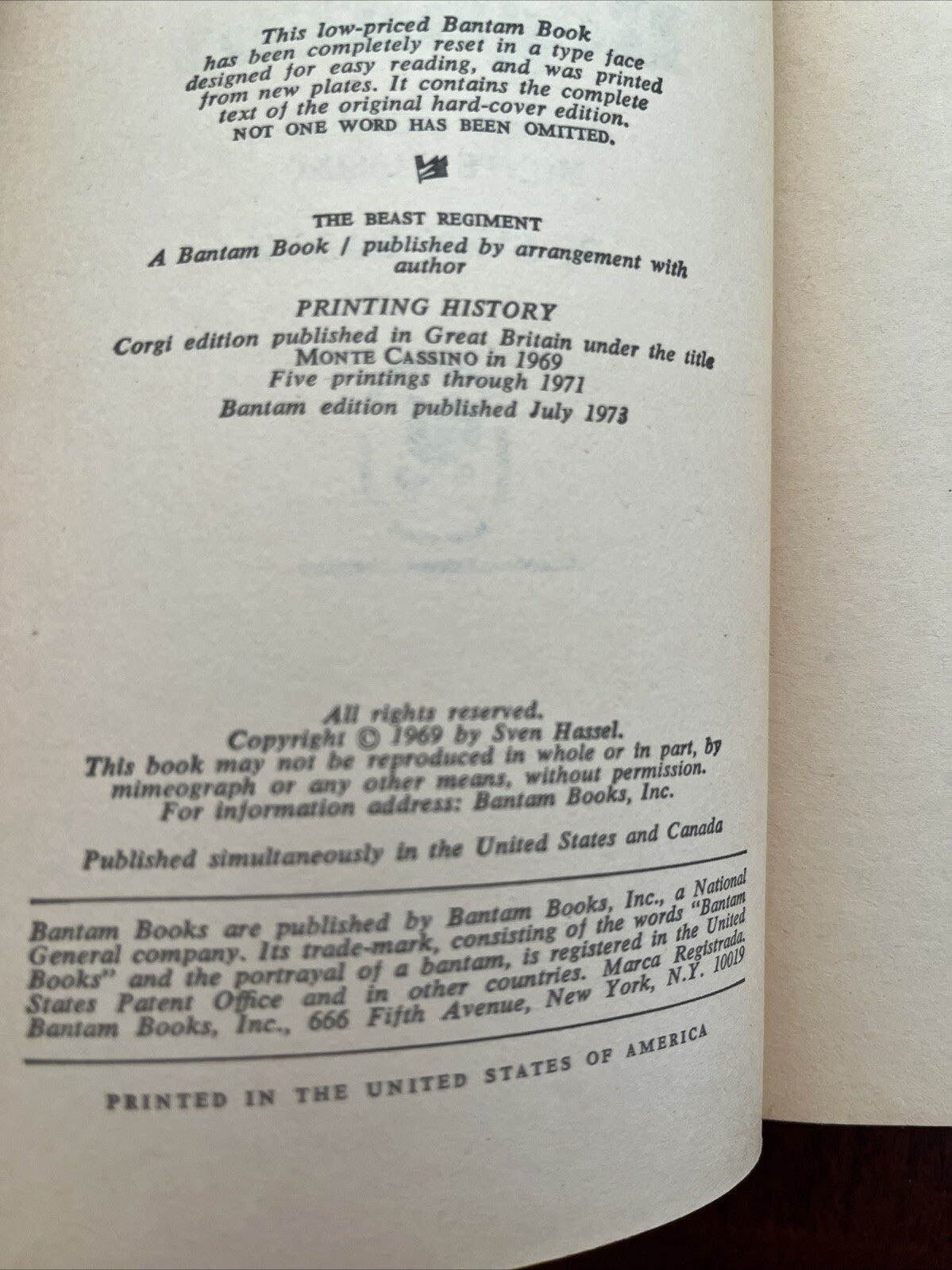 The Beast Regiment Monte Cassino by Sven Hassel WORLD WAR II FICTION Book