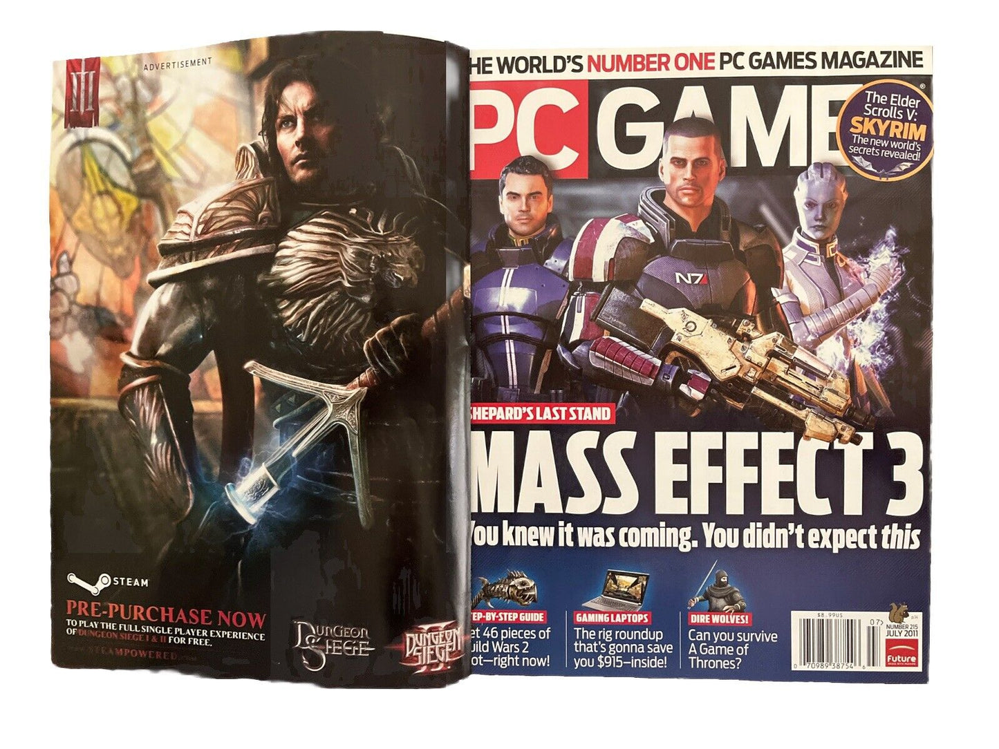 July 2011 PC Gamer Vintage Video Game Magazine #215 Dungeon Siege Mass Effect3