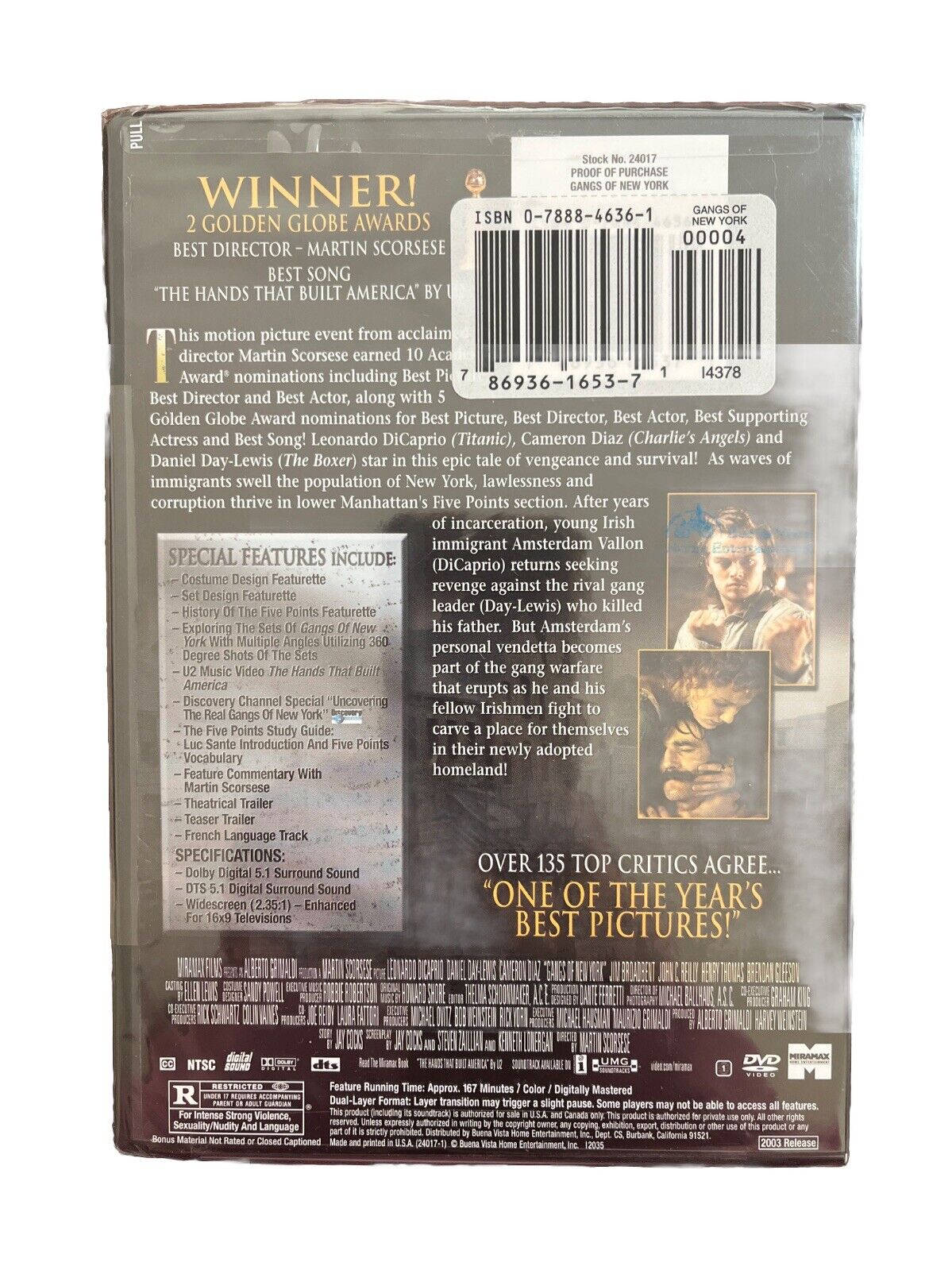 Gangs of New York DVD 2003 Widescreen Leonardo DiCaprio Day-Lewis Diaz Sealed
