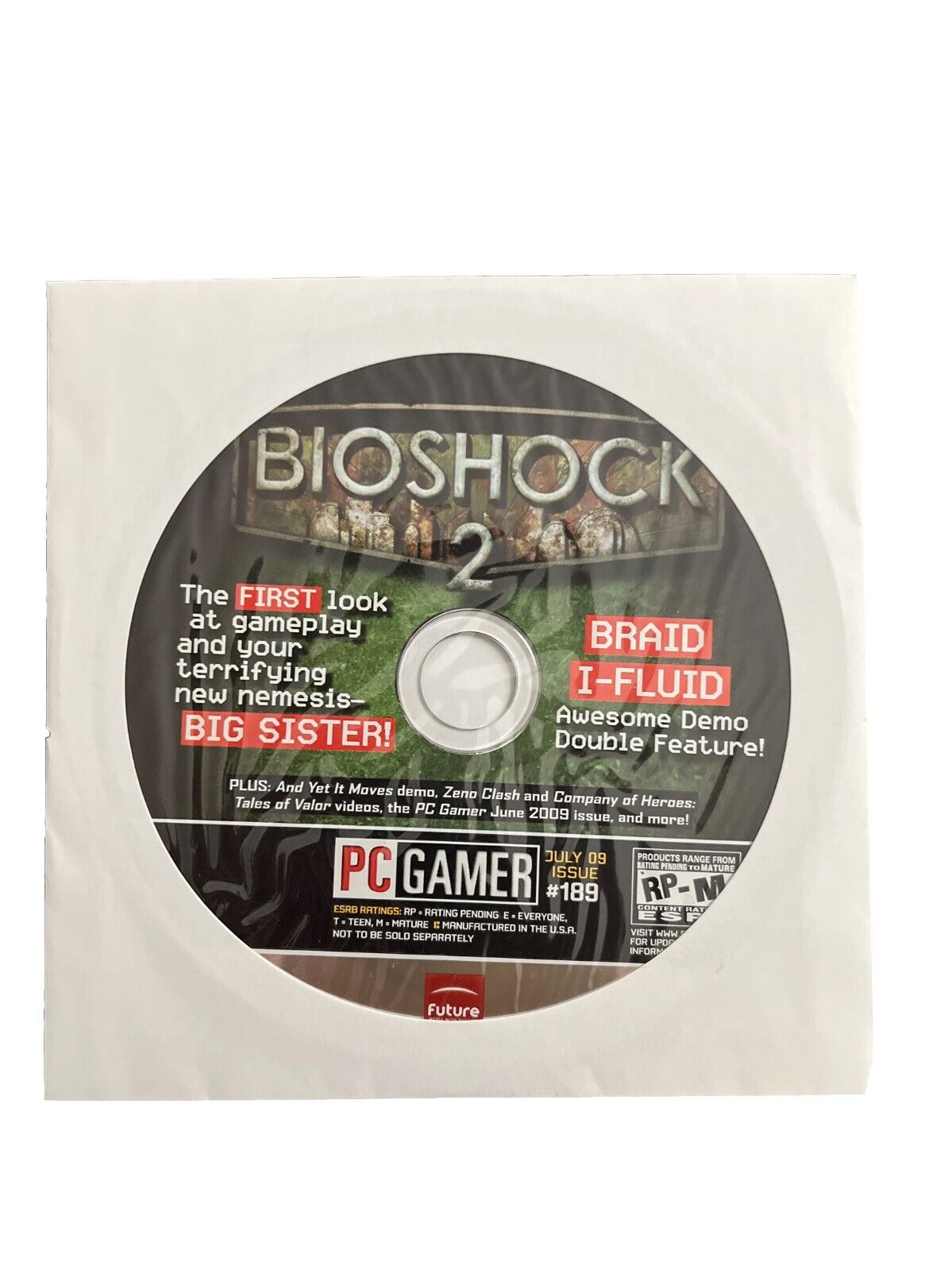 July 2009 PC Gamer Video Game Magazine #189 Bioshock 2 Rapture 1959 - Demo Disc