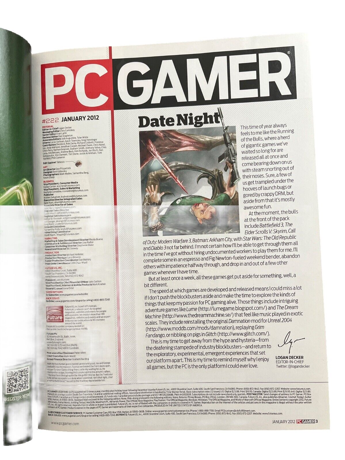 JANUARY 2012 PC GAMER #222 Antique Computer video game magazine - SECRET WORLD