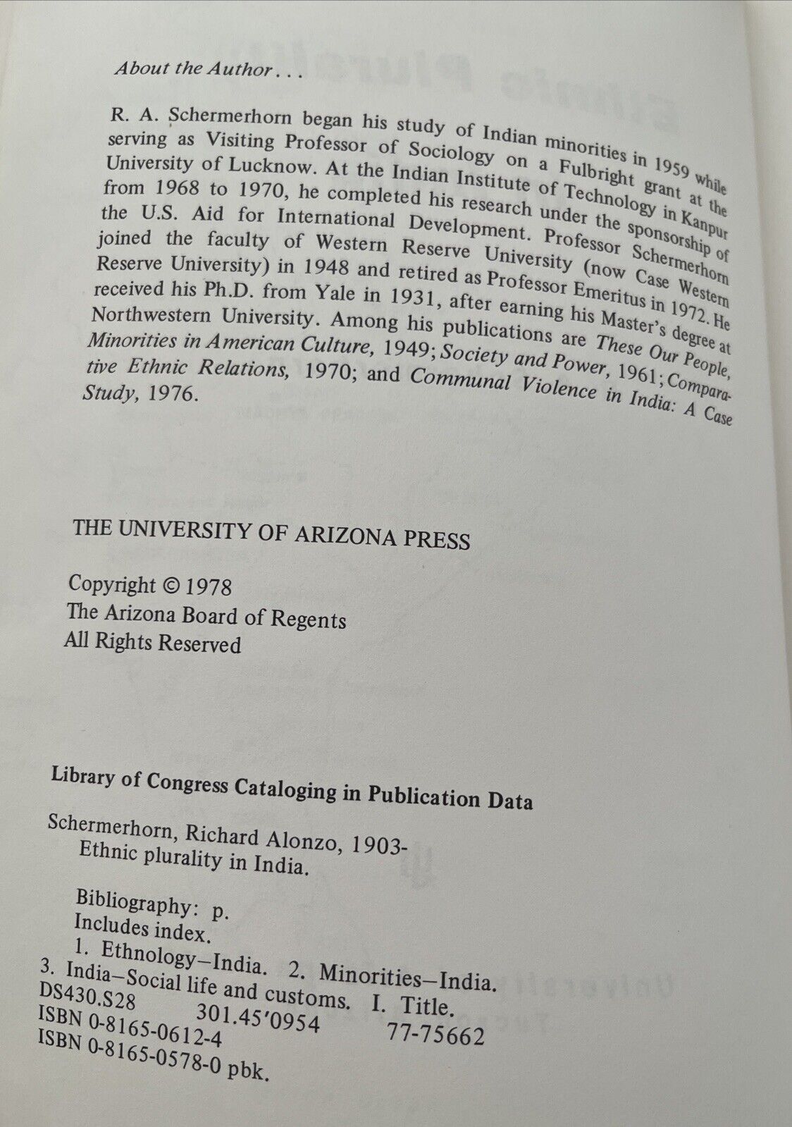 Classic Asian Sociologists Book Ethnic Plurality In India By R.A.Schermerhorn