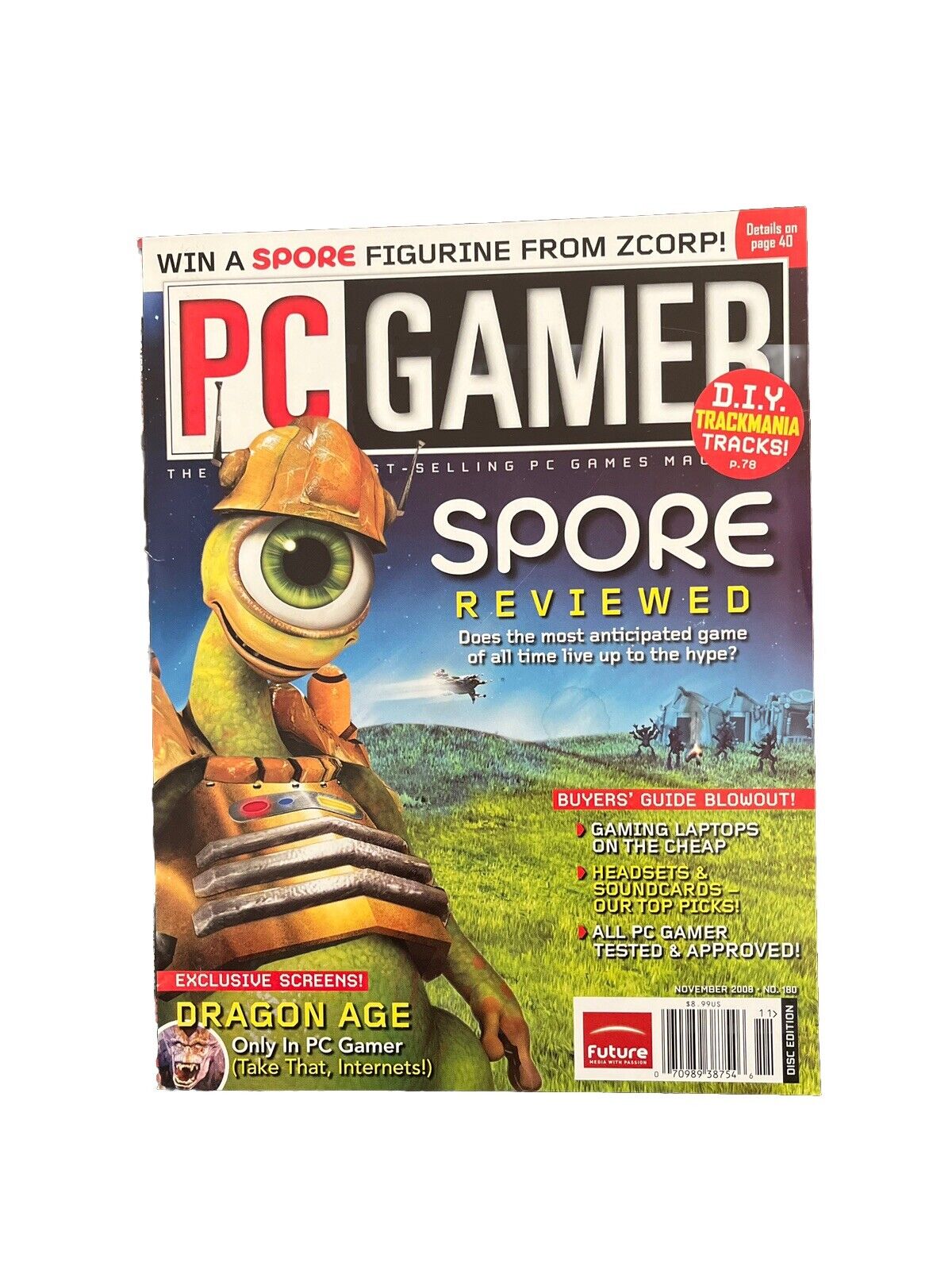 November 2008 PC Gamer #180 Game magazine Spore Reviewed DRAGON AGE - Demo Disc