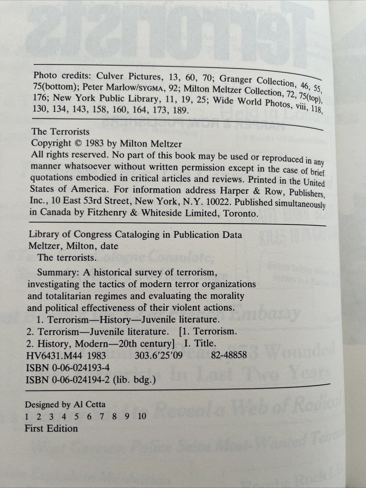 Classic Collectable Historical Book The Terrorists by Milton Meltzer