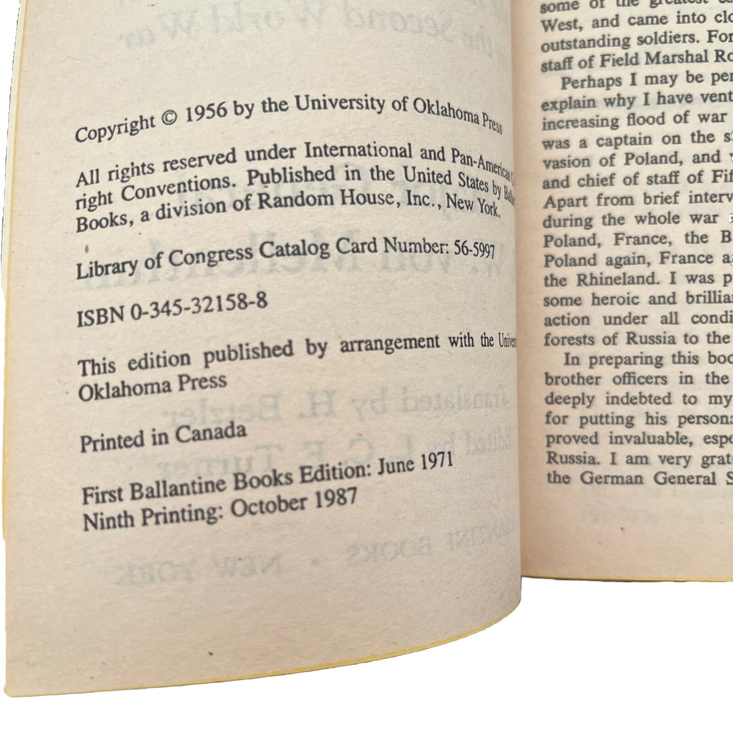 Panzer Battles Armor WWII by Major General F. W. Von Mellenthin ~ 1987 Paperback