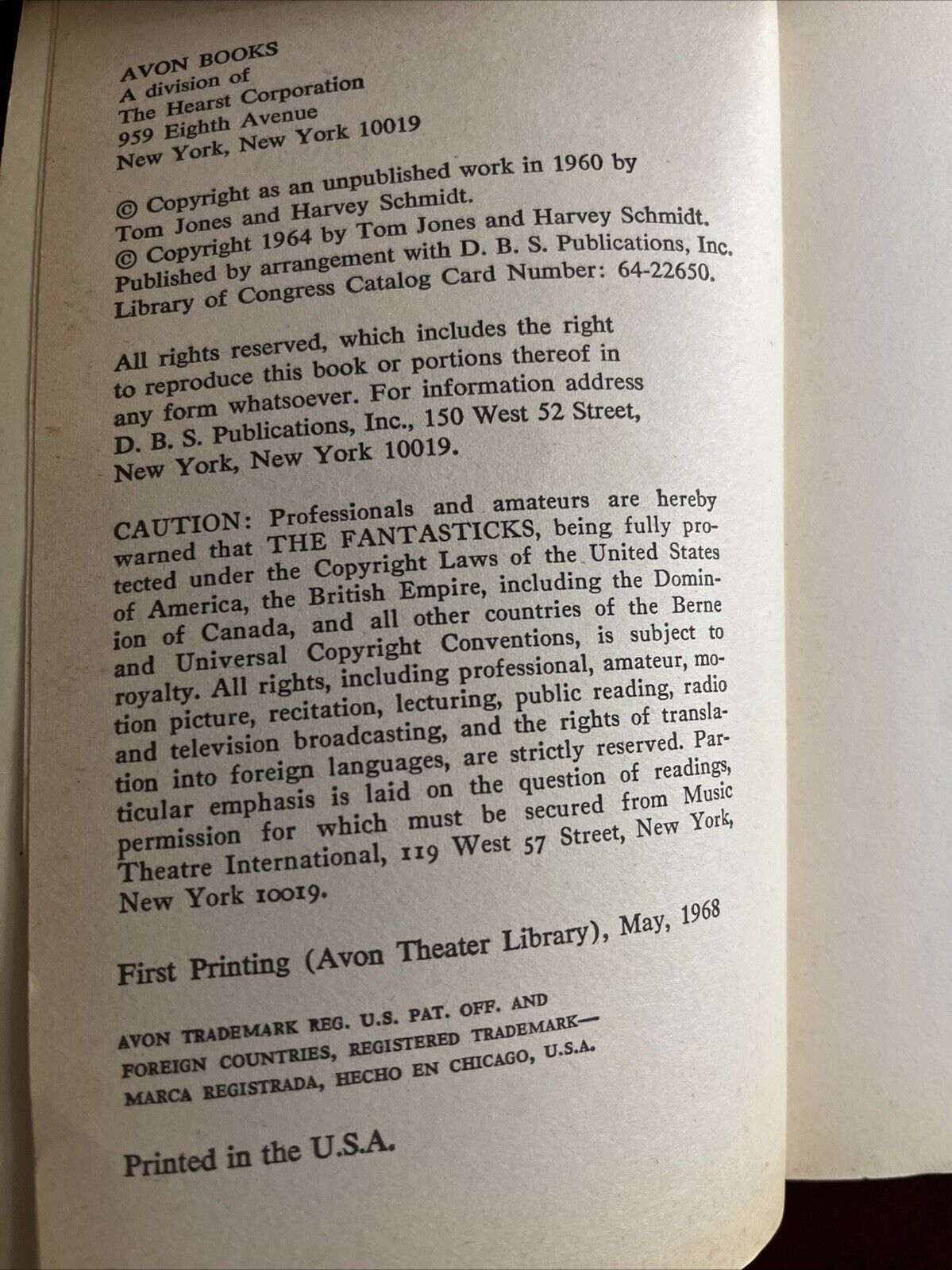 1964 The Fantasticks By Tom Jones And Harvey Schmidt Musical Play Scripts Book